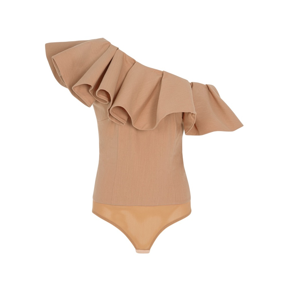 BEIGE DENIM CORAL RUFFLE BODYSUIT